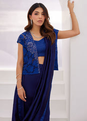 Farah Talib Aziz | Zaza Luxe Pret 24 | OCEAN NAVY DRAPED SAREE WITH CUTWORK EMBELLISHED CAPE