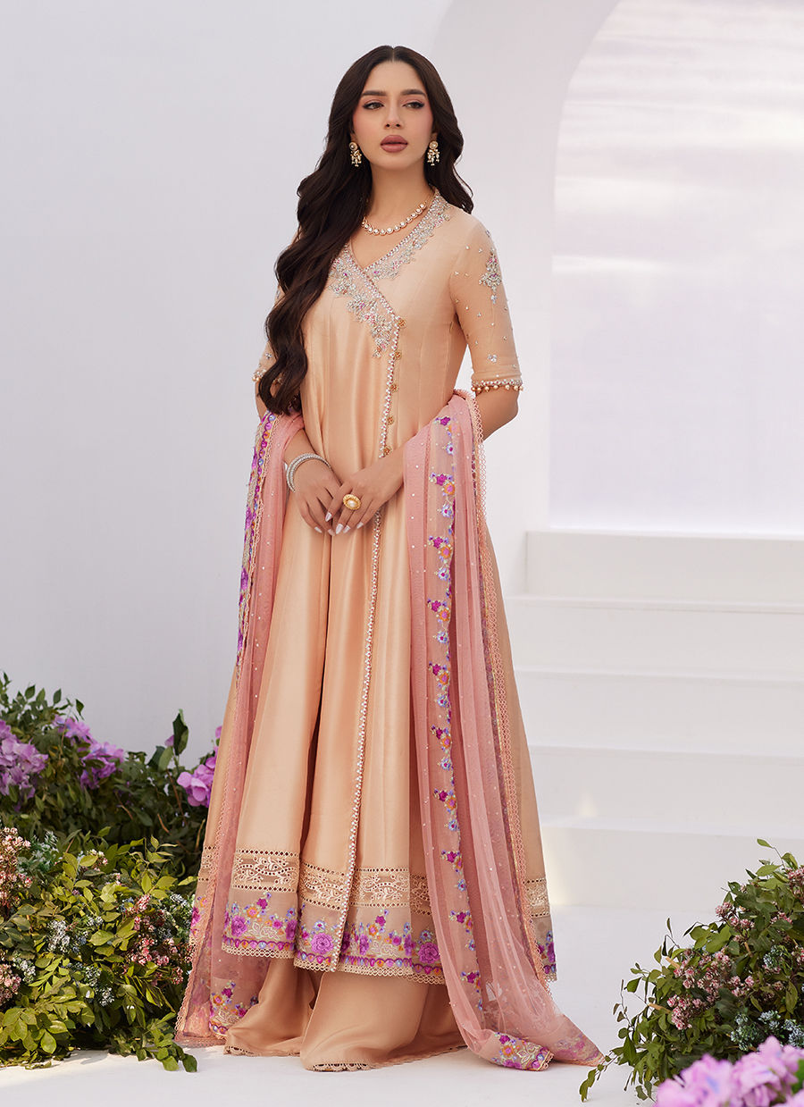 Farah Talib Aziz | Zaza Luxe Pret 24 | LISETTE FAWN EMBELLISHED RAW SILK ANGARKHA AND DUPATTA