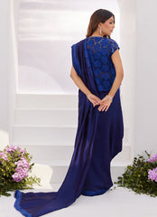Farah Talib Aziz | Zaza Luxe Pret 24 | OCEAN NAVY DRAPED SAREE WITH CUTWORK EMBELLISHED CAPE