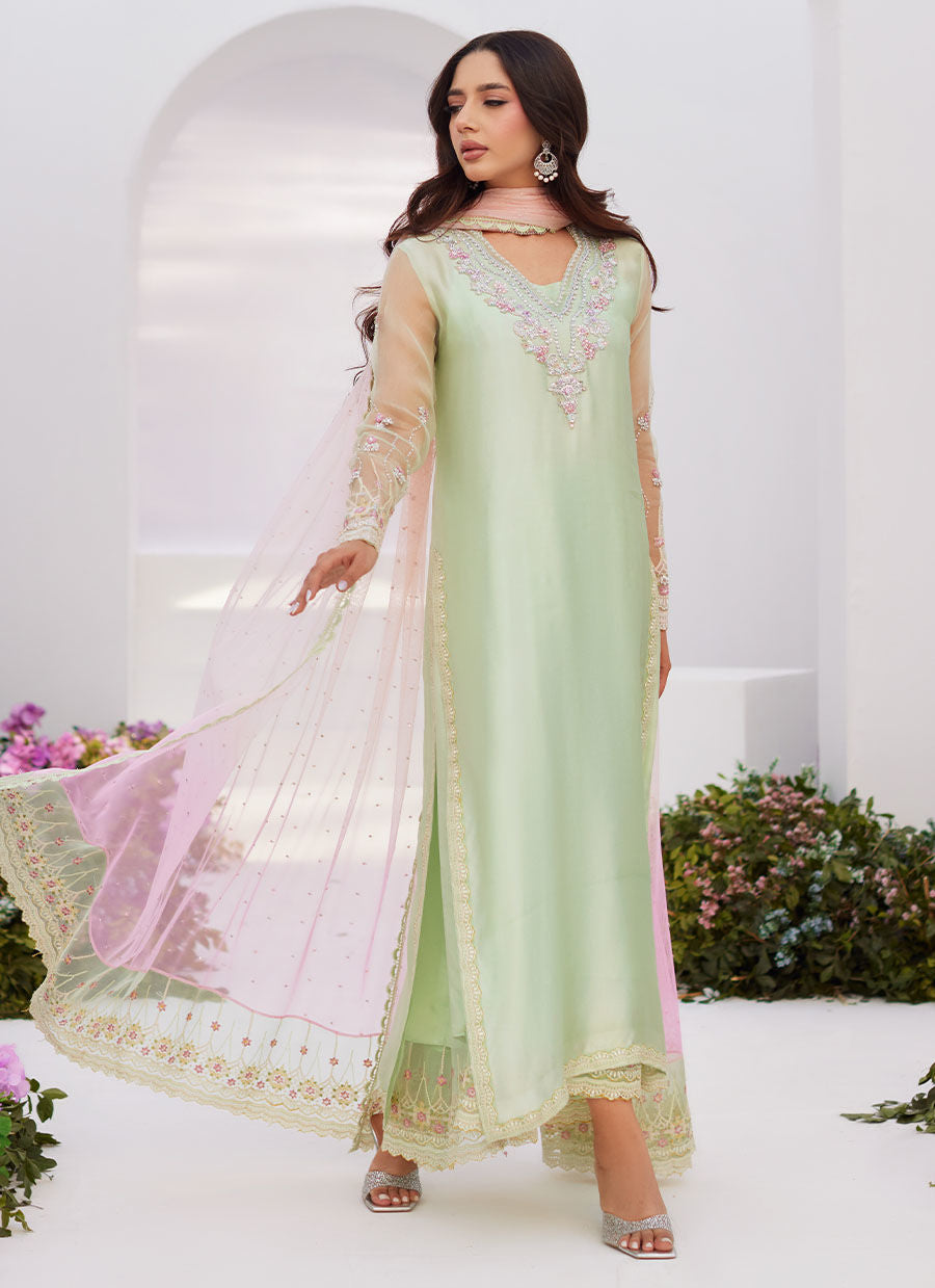 Farah Talib Aziz | Zaza Luxe Pret 24 |SOLENE AQUA OMBRE EMBELLISHED COLUMN SHIRT WITH EMBROIDERED KALIDAAR SLIP