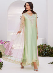 Farah Talib Aziz | Zaza Luxe Pret 24 |SOLENE AQUA OMBRE EMBELLISHED COLUMN SHIRT WITH EMBROIDERED KALIDAAR SLIP