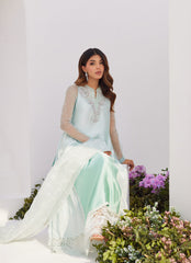 Farah Talib Aziz | Zaza Luxe Pret 24 | SOLENE AQUA OMBRE EMBELLISHED COLUMN SHIRT WITH EMBROIDERED KALIDAAR SLIP