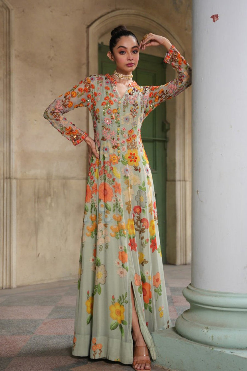 Anarkali | Floral Embroidered Maxi | Pastel Green