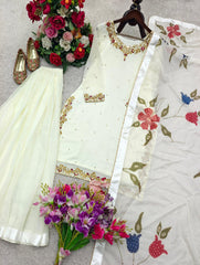 Zayan | WHITE GEORGETTE EMBROIDERY SHARARA SUIT | FLORAL DUPATTA