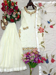 Zayan | WHITE GEORGETTE EMBROIDERY SHARARA SUIT | FLORAL DUPATTA