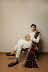 Bosky White Kurta Trouser with Falling Embroidered Prince Coat - 3PC - Men
