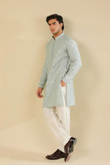 Abroo - Ice Blue Raw Silk Embroidered Kurta Trouser - Men