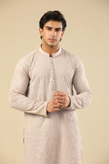 Tabir - Beige Raw Silk Embroidered Kurta Trouser - Men