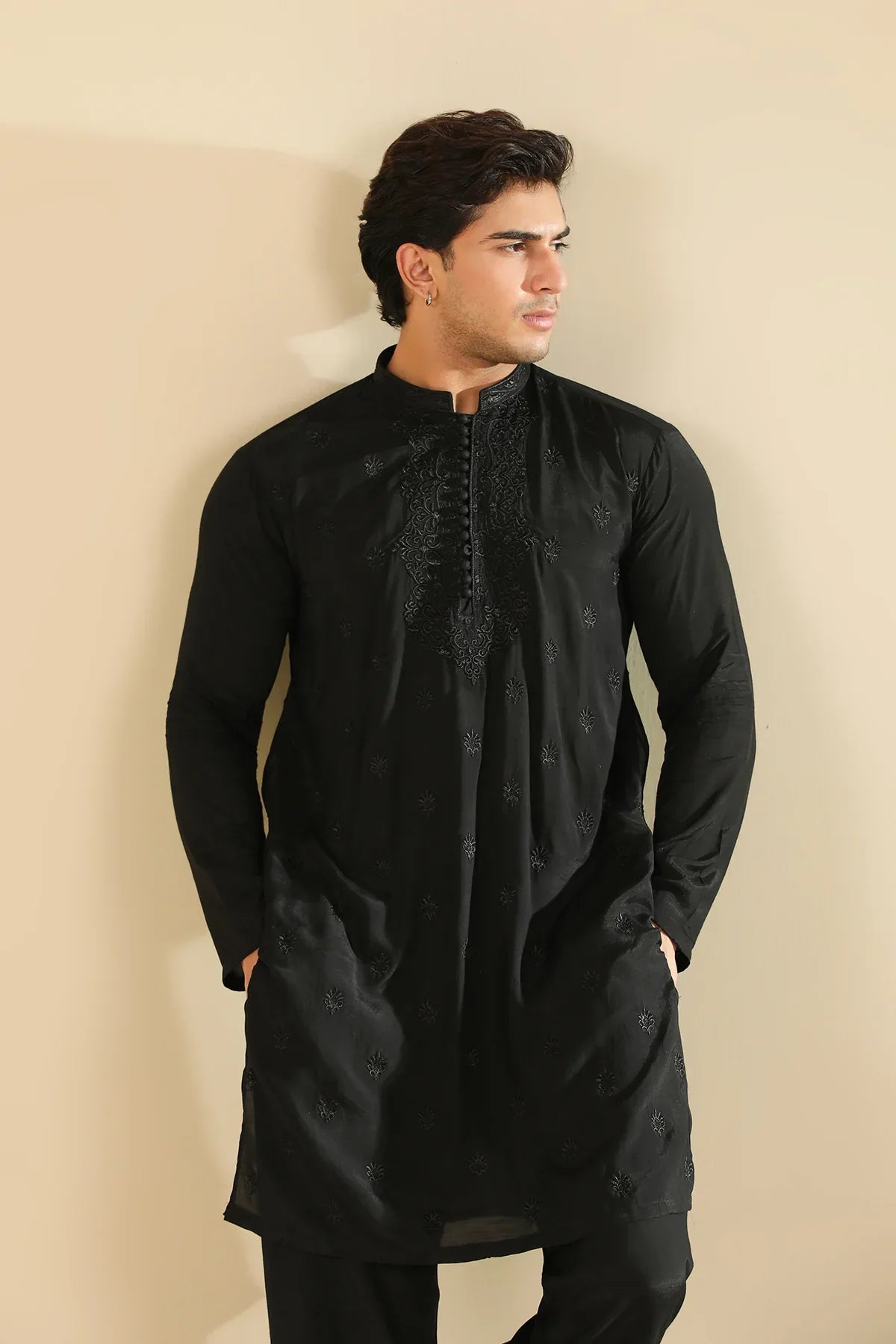 Adab - Black Motif Raw Silk Embroidered Kurta Trouser - Men