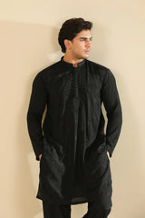 Adab - Black Motif Raw Silk Embroidered Kurta Trouser - Men