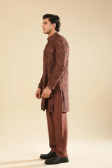 Faris - Cocoa Brown Raw Silk Embroidered Kurta Trouser - Men