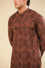 Faris - Cocoa Brown Raw Silk Embroidered Kurta Trouser - Men