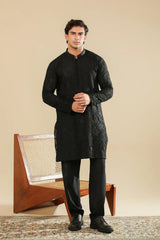 Zauq - Black Embroidered Kurta Trouser - Men