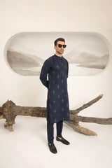 Navy Blue Cotton Embroidered Kurta Trouser - Men