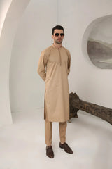 Camel Cotton Embroidered Kurta Trouser - Men