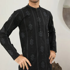 Black Motif Cotton Embroidered Kurta Trouser - Men