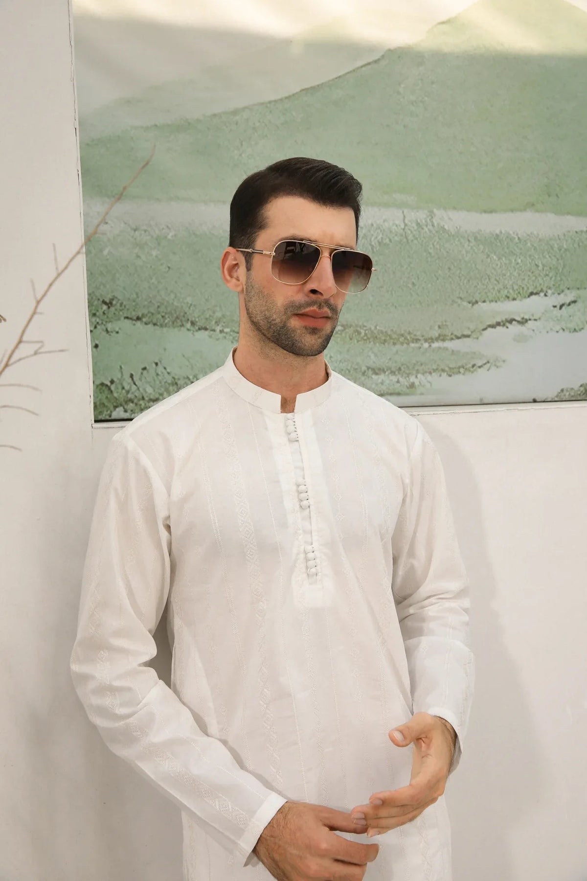 Off White Cotton Embroidered Kurta Trouser - Loop Buttons - Men