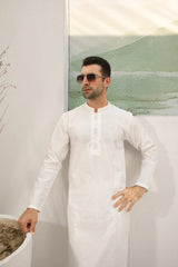 Off White Cotton Embroidered Kurta Trouser - Loop Buttons - Men