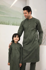 Army Green Cotton Embroidered Kurta Trouser - Men
