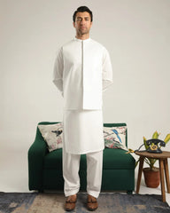 Off White Soft Cotton Kurta Shalwar with Waistcoat - Men