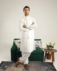 Off White Soft Cotton Kurta Shalwar with Waistcoat - Men