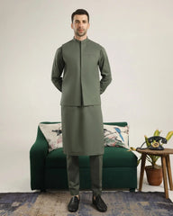 Army Green Soft Cotton Kurta Trouser with Waistcoat - Men