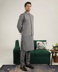 Light Grey Soft Cotton Kurta Trouser with Waistcoat - Men