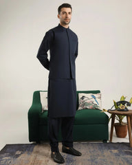 Dark Navy Blue Soft Cotton Kurta Shalwar with Waistcoat - Men