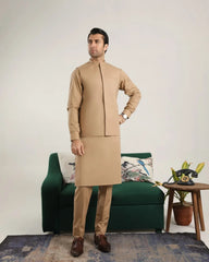 Camel Cotton Soft Kurta Trouser with Waistcoat - Men