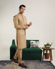 Camel Cotton Soft Kurta Trouser with Waistcoat - Men