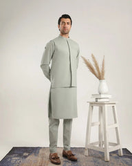 Light Mint Soft Cotton Kurta Trouser with Waistcoat - Men