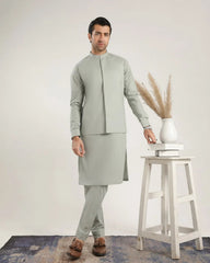 Light Mint Soft Cotton Kurta Trouser with Waistcoat - Men