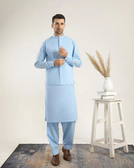 Sky Blue Soft Cotton Kurta Shalwar with Waistcoat - Men