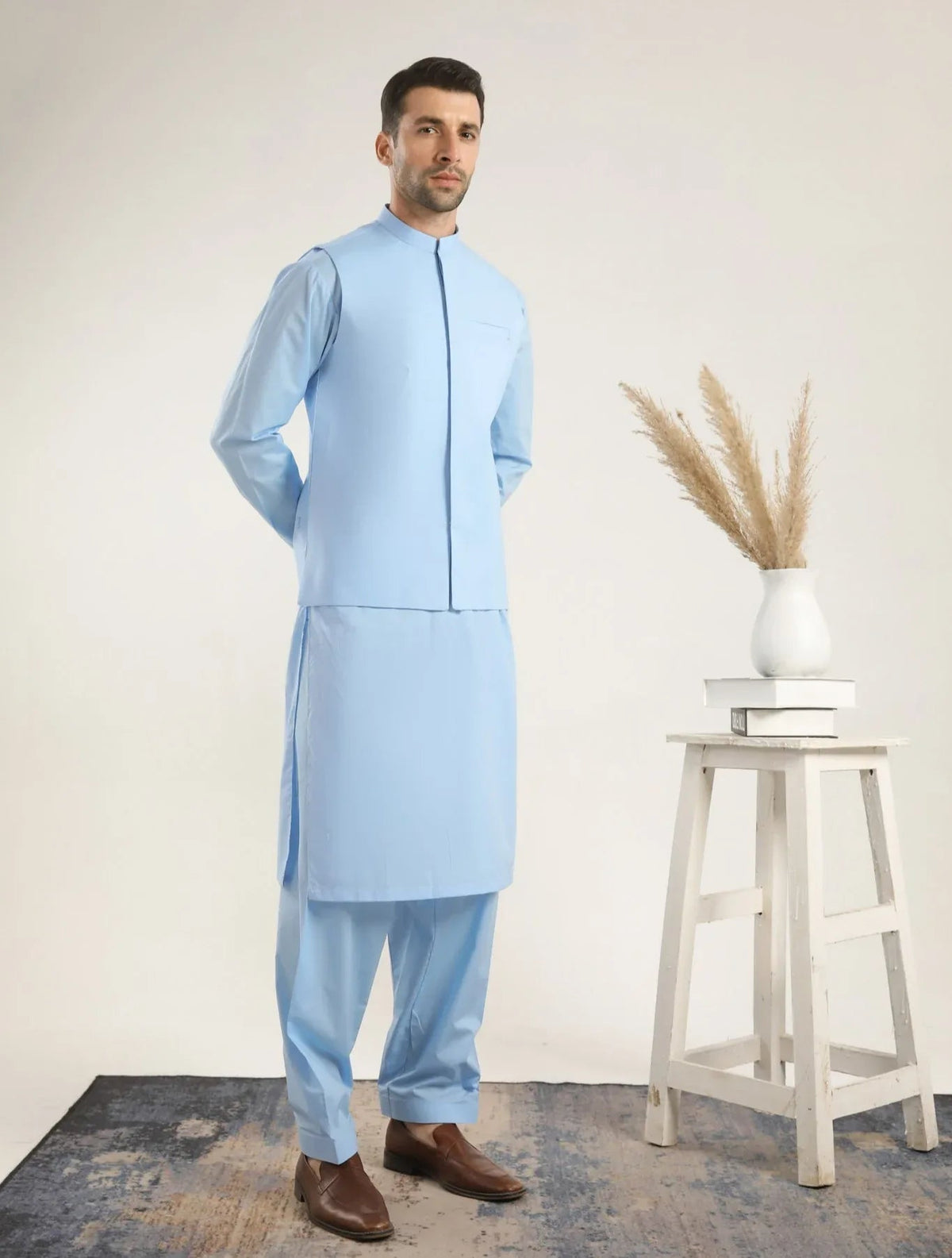 Sky Blue Soft Cotton Kurta Shalwar with Waistcoat - Men