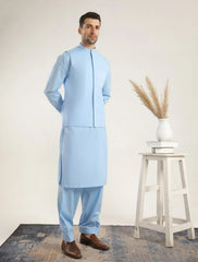 Sky Blue Soft Cotton Kurta Shalwar with Waistcoat - Men
