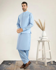 Sky Blue Soft Cotton Kurta Shalwar with Waistcoat - Men