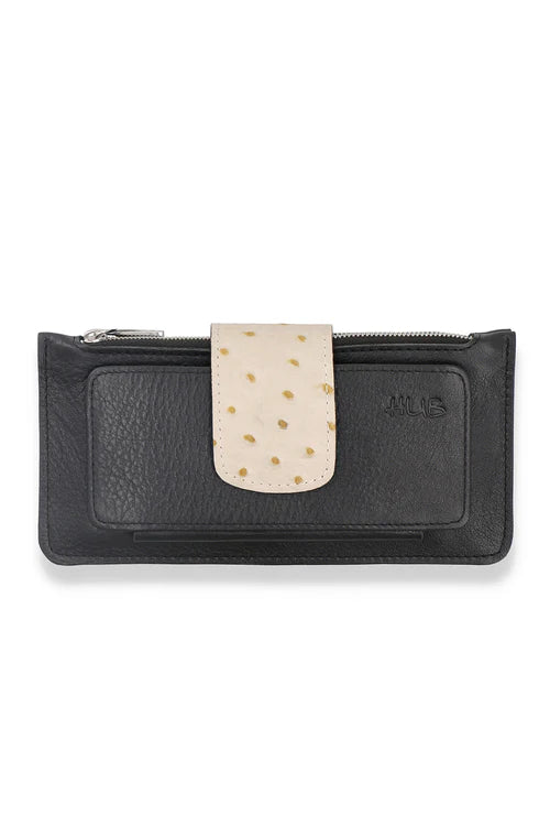 Premium Leather Classic Black Textured Wallet With Beige Flap For Women (LW1115-009)