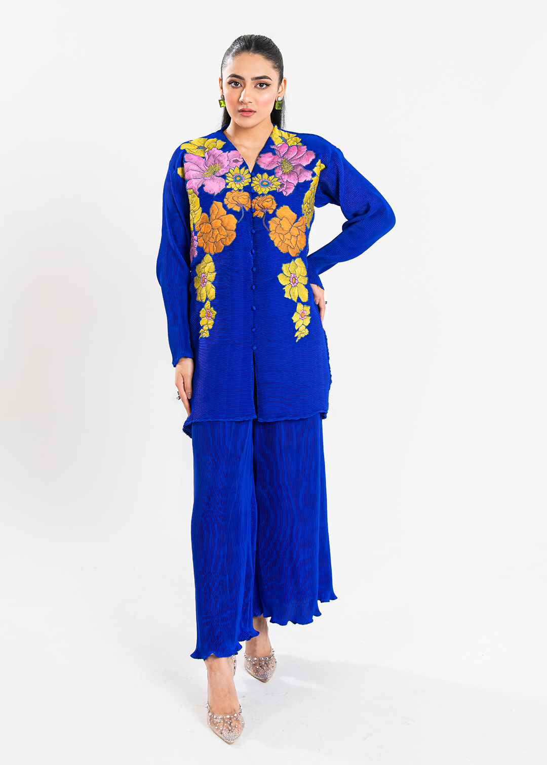 Maria Osama Khan | Claire Pleated Silk | Azure