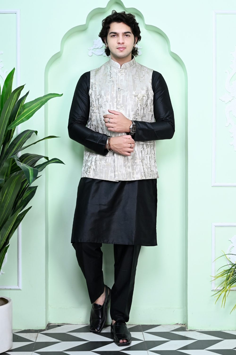 Mens cream Brocade waistcoat