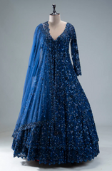 Samyakk | Blue Sequins Embroidered | Indowestern Net Lehenga