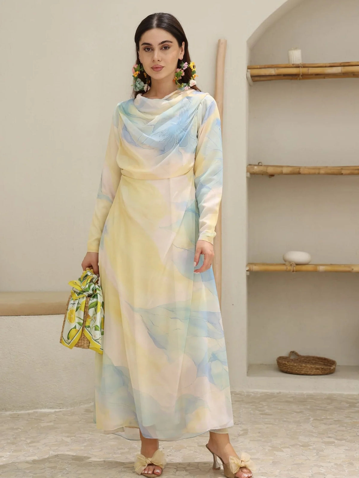 Sowears | Daylin Floral Blue And Yellow | Drape Long Dress