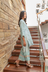 Wahaj M Khan | The Print Story |  Grey Blue Sheesha Outfit