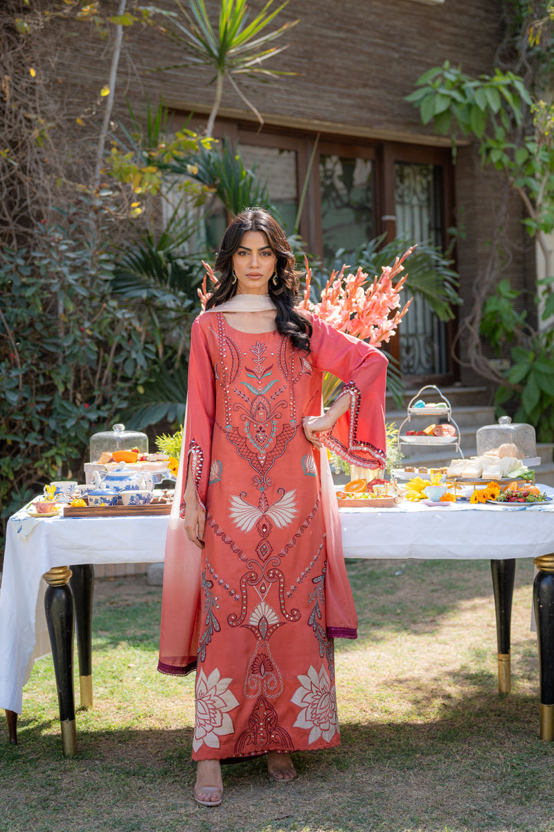 Wahaj M Khan | Pari Collection | Rust Maroon Kaftan Pari Outfit