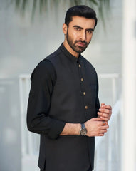 Black Kurta Trouser with Suiting Waistcoat - Round Cut - Men