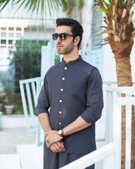 Charcoal Grey Kurta Trouser with Suiting Waistcoat - Round Cut - Men