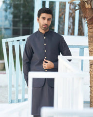 Charcoal Grey Kurta Trouser with Suiting Waistcoat - Round Cut - Men