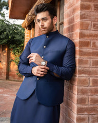 Navy Blue Kurta Trouser with Suiting Waistcoat - Round Cut - Men