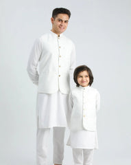 Off White Kameez Shalwar with Suiting Waistcoat - Round Cut - Men