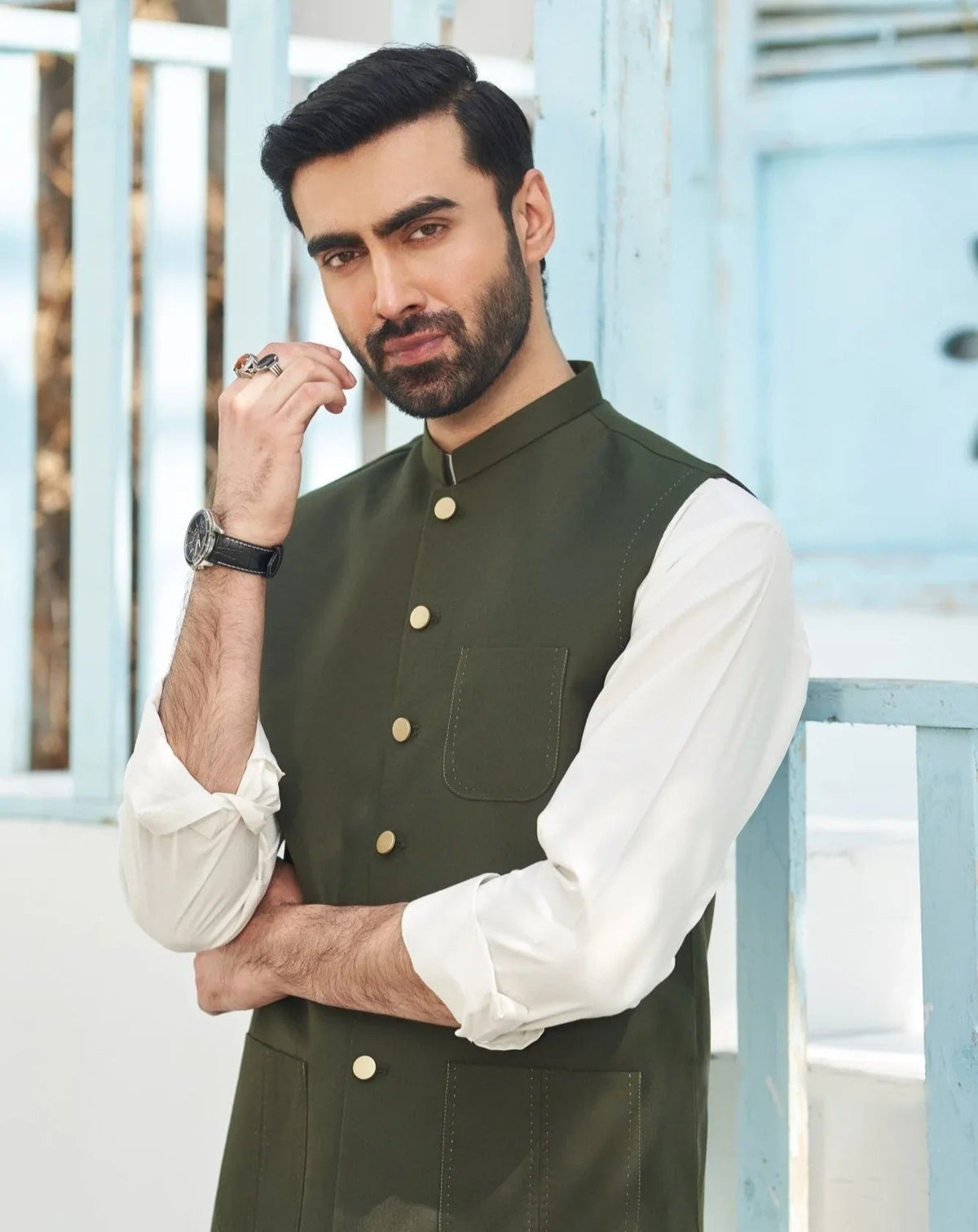 Army Green Suiting Waistcoat - Round Cut - Men
