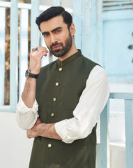 Army Green Suiting Waistcoat - Round Cut - Men